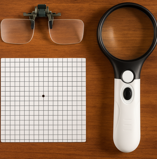 Ultimate Vision Aid Kit: Magnifying Glass, Clip-On Magnifiers, and Amsler Grid